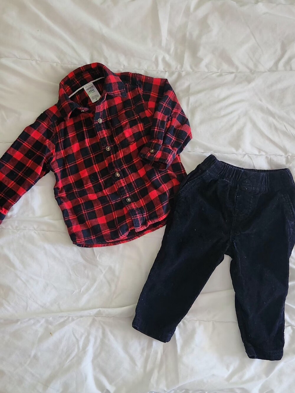 Carter's Red and Black Plaid Button-Up Shirt with Black Pants Matching Set 12mos